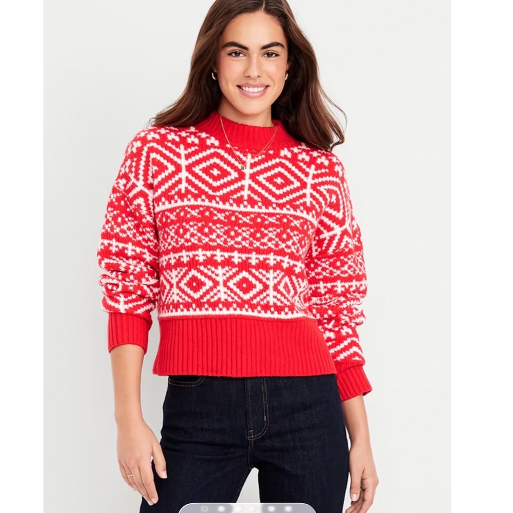 Old Navy SoSoft Fair Isle Sweater Red White Nordic Knit Mock Neck Large NWT